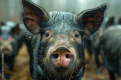 Close-up of a wet wild boar looking directly at the camera through rain with vivid detail and texture