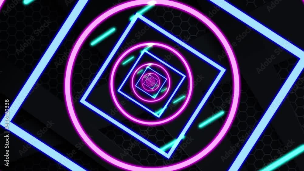 Neon glow animation geometric shapes in blue and purple colors on black background Neon glow animation geometric shapes in blue and purple colors on black background