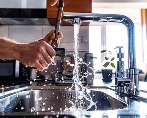 A man in work attire is washing his hands under a kitchen faucet while holding a soap bottle nearby.