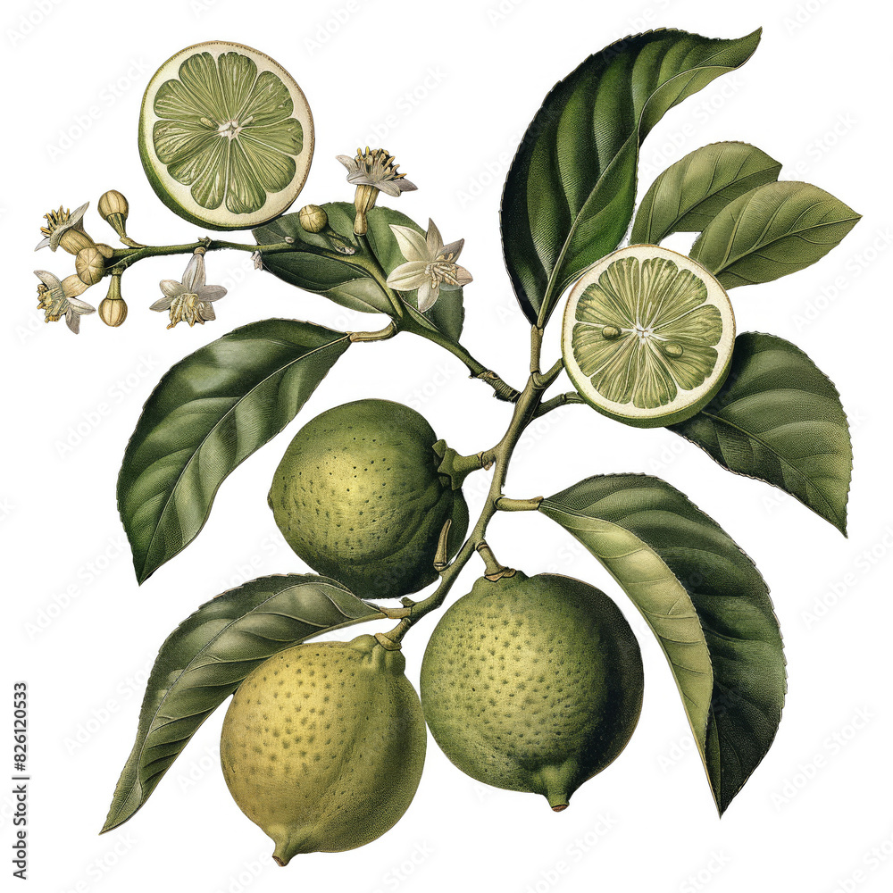 Fototapeta premium Old botanical illustration of a lime isolated on a transparent background, capturing the fruit's detailed anatomy and natural beauty in a classic style.
