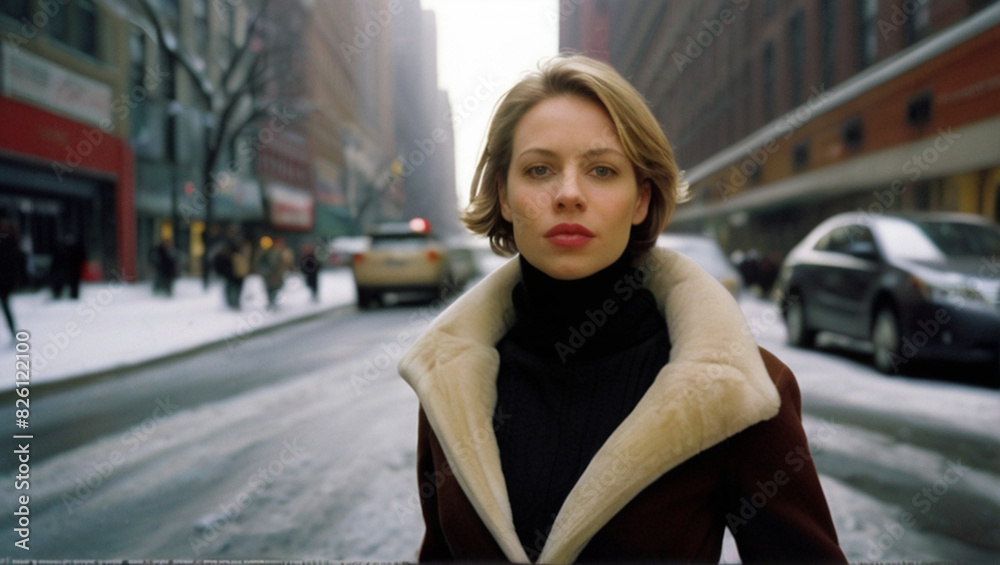 Portrait of the beautiful young woman on the street, early 2000s era fashion style, clean lines, neutral colors, and simple silhouettes.