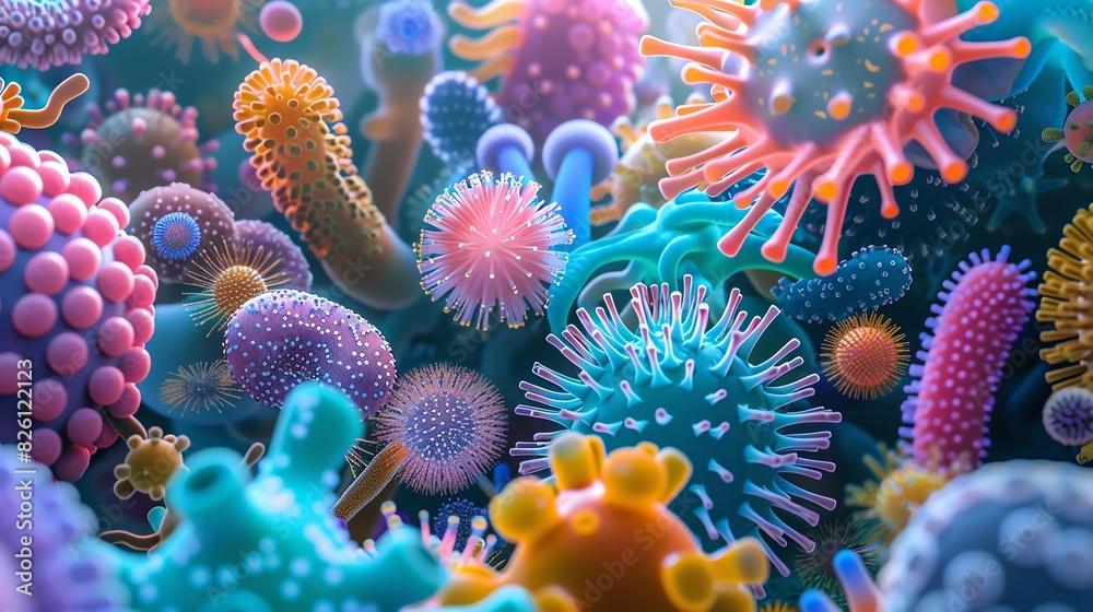 Colorful microscopic view of various microorganisms including bacteria and viruses. Perfect for educational and scientific contexts.