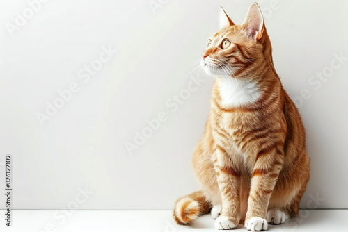 Red striped cat on white background with copy space. photo