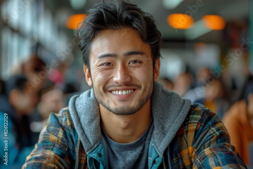 A cheerful young man with subtle facial hair and a friendly smile, photographed in a vibrant café environment photo