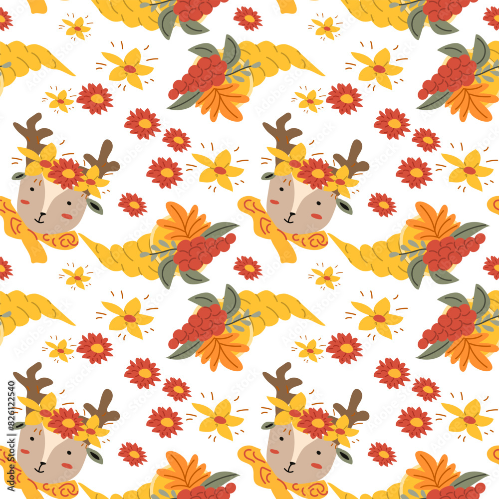 Autumn fall thankgiving pattern with cartoon characters, thanksgiving holiday background, fall wild animals and turkey, seasonal food with pumkin. Autumn fall thankgiving pattern with cartoon characters, thanksgiving holiday background, fall wild animals and turkey, seasonal food with pumkin.