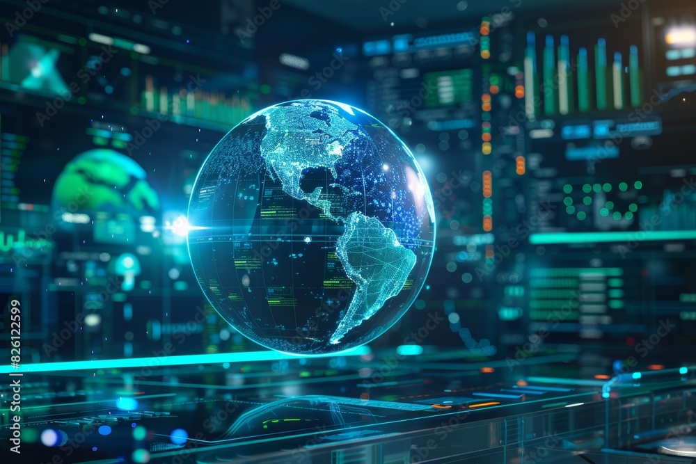 Futuristic digital globe in a high-tech virtual environment, representing global communication, technology integration, and data visualization. Futuristic digital globe in a high-tech virtual environment, representing global communication, technology integration, and data visualization.