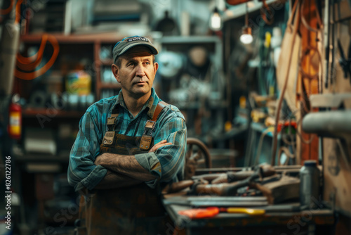 Experienced shop foreman in workshop with crossed arms