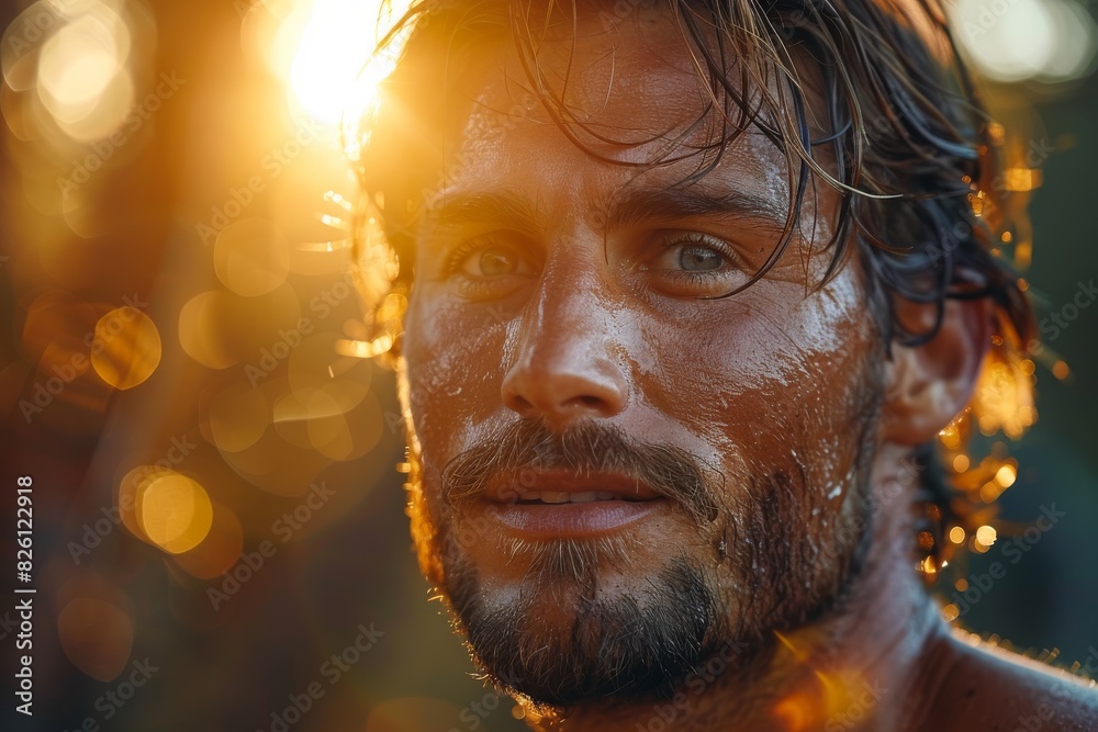 A close-up portrait of a sweaty man with an intense look against a sunset backdrop