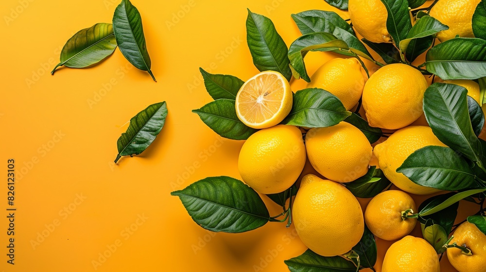 Vibrant Yellow Lemons with Fresh Green Leaves Vibrant Yellow Lemons with Fresh Green Leaves