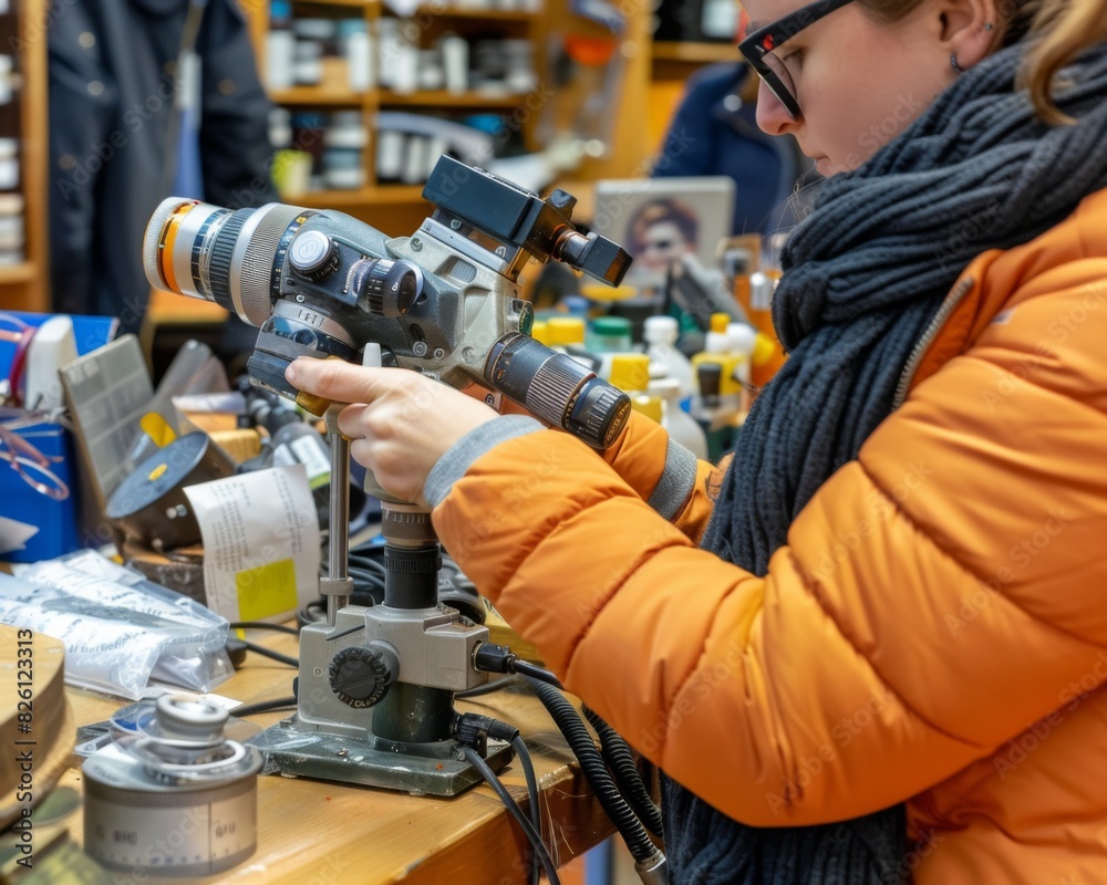 Woman focusing a camera lens with intent look. Woman focusing a camera lens with intent look.