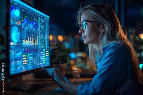 A person examines detailed data on multiple screens surrounded by a vibrant office environment at night