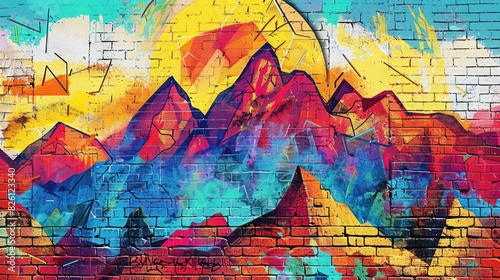 Retro Pop Art Comic Street Graffiti with Mountain on Brick Wall: Vibrant Landscapes Poster
 photo