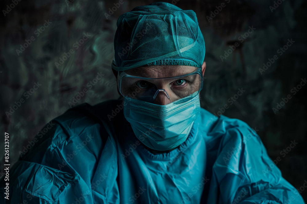 Portrait of focused surgeon wearing surgical mask and protective gear