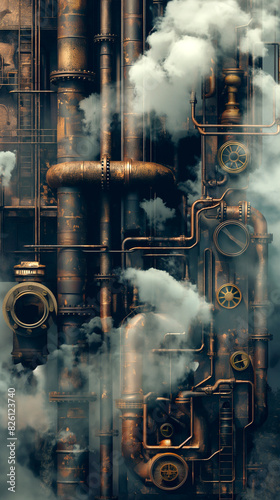A background of steampunk pipes and steam clouds, creating design for wallpaper. 