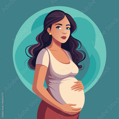 Vivid illustration of a pregnant woman standing against a large moon surrounded by colorful leaves and plants. The woman looks calm and confident, symbolizing the beauty and power of motherhood.