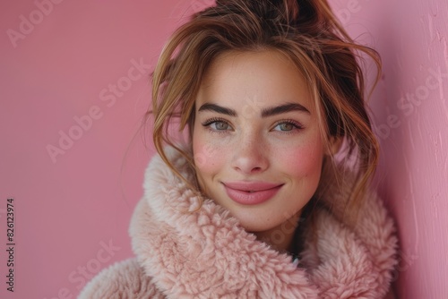 A young woman with dark blonde tousled hair smiles warmly, wearing a pink fluffy jacket on a pink background