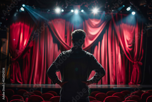 Man standing on theater stage with red curtains and lights