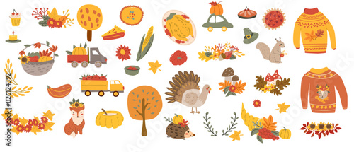 Autumn fall thanksgiving elements set with harvest icons. Collection of fall leaves, farm stickers, animal characters and turkey, cornucopia. Hand drawn autumn characters and harvest, food vectors.