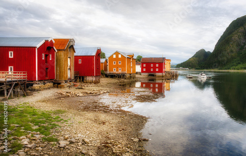 Picturesque Buildings in the Area Sjogata (The Sea Street) at the Mouth of River Vefsna in Mosjoen, Nordland, Norway