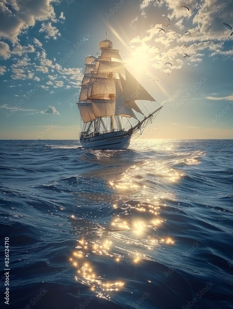 Obraz premium A sailboat navigating through the open waters of a vast sea.