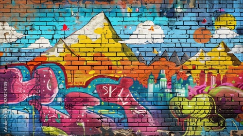 Retro Pop Art Comic Street Graffiti with Mountain on Brick Wall  Vibrant Landscapes Poster 