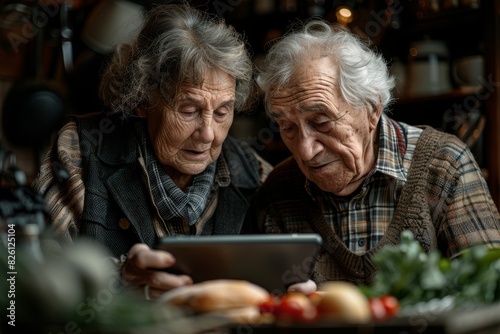 Engaged elderly couple appearing focused on a tablet screen in a homely rustic kitchen environment