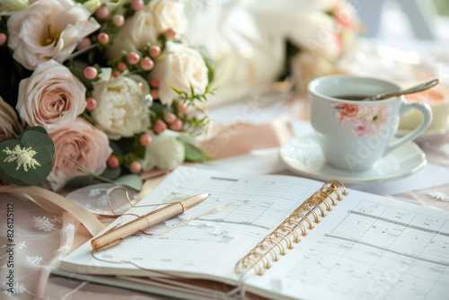 Elegant wedding planning scene with flowers and planner