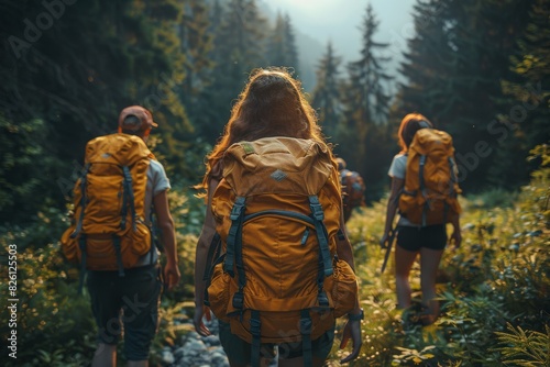 A group of hikers with backpacks trek through a dense forest path, surrounded by green foliage