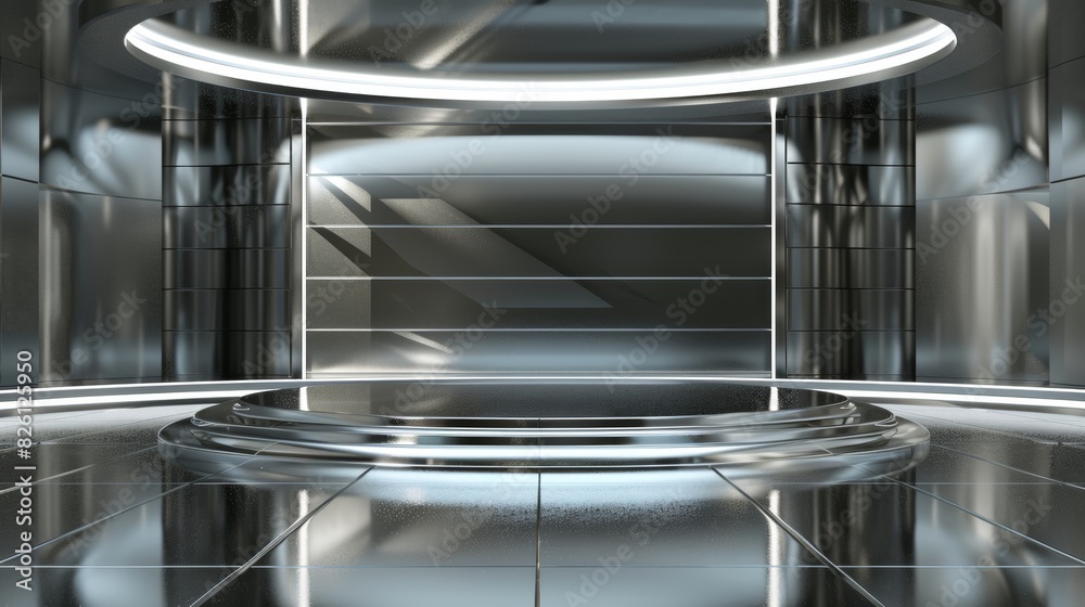 Futuristic metallic interior with sleek reflective surfaces and modern lighting, perfect for sci-fi and high-tech themes. Futuristic metallic interior with sleek reflective surfaces and modern lighting, perfect for sci-fi and high-tech themes.