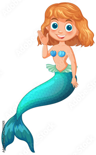 Friendly mermaid with blue tail greeting warmly