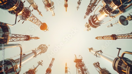 Upward view of industrial cranes and machinery in a futuristic high key setting photo