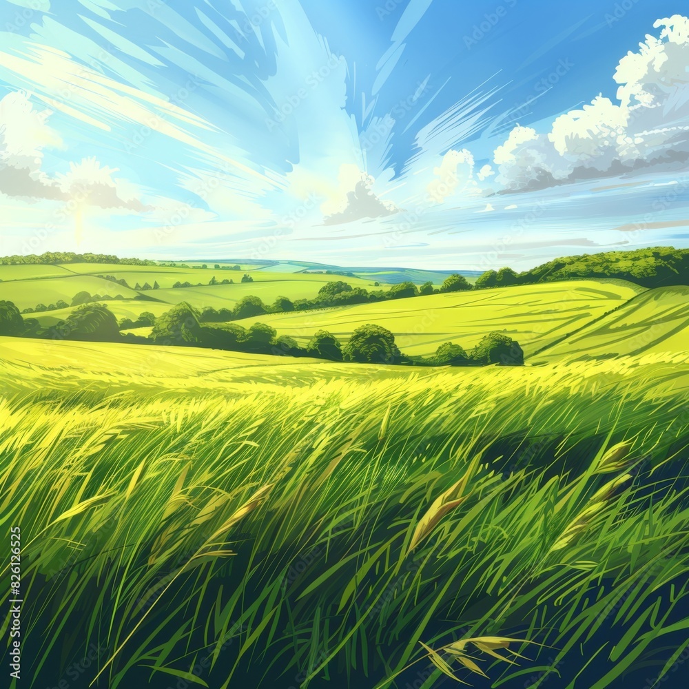 Obraz premium A painting depicting a lush green field under a bright blue sky.