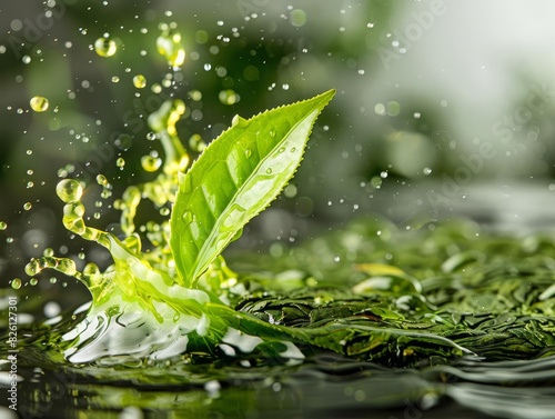 A vibrant green splash with fresh tea leaves  emphasizing natural beauty and purity