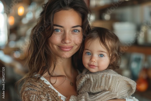 A heartwarming close-up of a mother and her baby, both smiling with a sense of deep connection