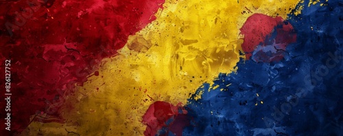 Abstract painting of Romanian flag with vibrant red, yellow, and blue colors photo