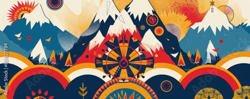 Colorful Slovakian-themed illustrated backdrop with mountains and abstract patterns photo