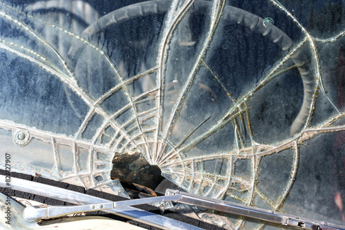 Car Windshield With Extensive Network of Cracks