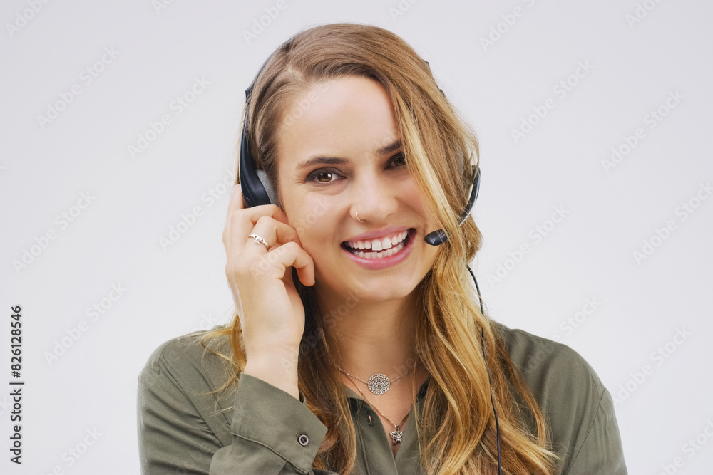 Studio, woman and virtual assistant in portrait with smile, headset and happy on white background. Female person, consultant and advisor for support, information and crm with mic for communication Studio, woman and virtual assistant in portrait with smile, headset and happy on white background. Female person, consultant and advisor for support, information and crm with mic for communication