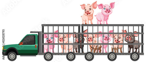 Vector illustration of pigs in a transportation truck