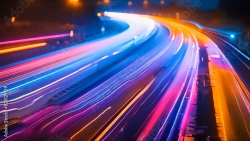 Nighttime highway long exposure capturing vibrant light trails of fast-moving cars symbolizing modern bustle. Concept Night Photography, Long Exposure, Light Trails, Highway, Urban Life photo