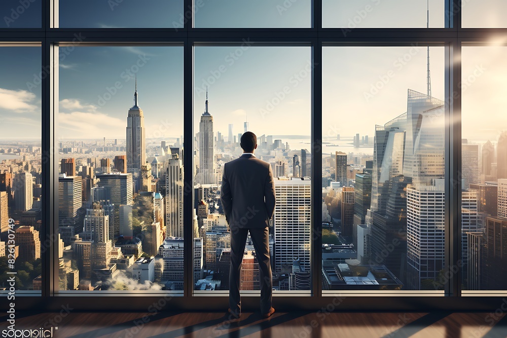 Businessman looking at the city from the window. Businessman looking at the city from the window.