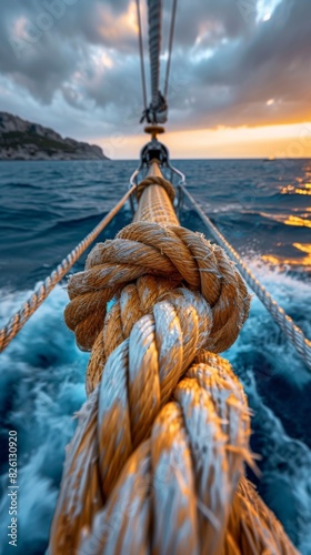 Close-up view of a taut rope secured on the side of a yacht in the open ocean.