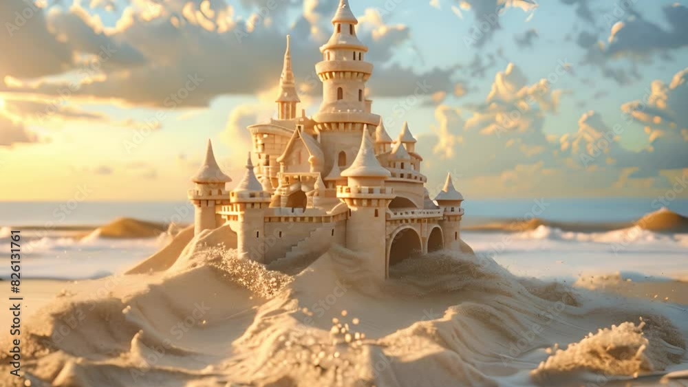This sand castle stands tall on a sandy beach, overlooking the sea.