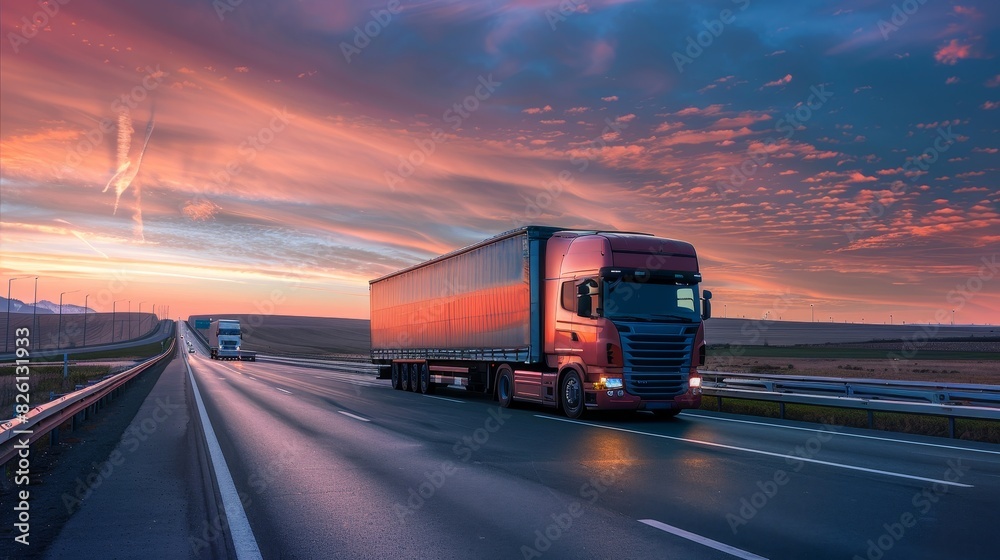 A logistics truck driving on a highway at dusk, highlighting the importance of transportation and logistics coordination for efficient supply chain management for stock photo platforms A logistics truck driving on a highway at dusk, highlighting the importance of transportation and logistics coordination for efficient supply chain management for stock photo platforms