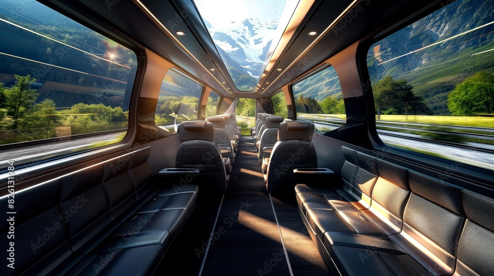 Fototapeta premium luxury and comfort in this modern train carriage, offering panoramic views of majestic mountains and lush greenery