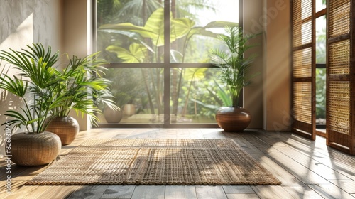 minimalist zen decor  potted plants and a bamboo mat in a serene room evoke simple living and natural elements  creating a calm atmosphere