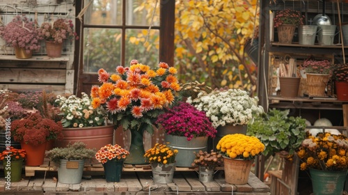 Showcase a vibrant array of chrysanthemums in a rustic autumn setting