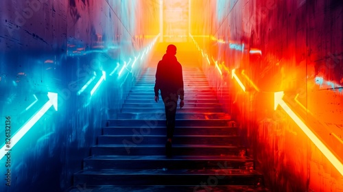 A journey of progress and mystery with this silhouette of a figure ascending a neon-lit staircase in a futuristic tunnel.
