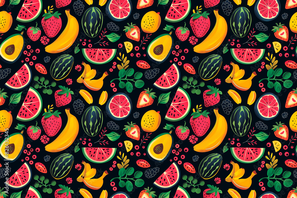 Fruit pattern with colorful tropical fruits on a dark background. Seamless and vibrant design perfect for products, textiles, and wallpapers. Features bananas, watermelons, strawberries, and avocados. Fruit pattern with colorful tropical fruits on a dark background. Seamless and vibrant design perfect for products, textiles, and wallpapers. Features bananas, watermelons, strawberries, and avocados.