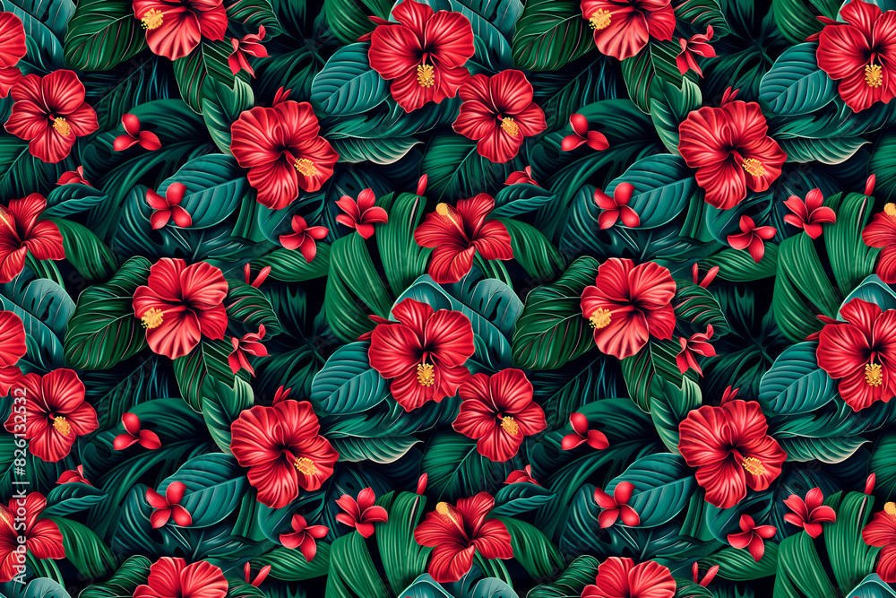 Tropical floral pattern with vibrant red flowers and lush green leaves. Seamless and exotic design perfect for summer products, textiles, and wallpapers. Features tropical blooms. Tropical floral pattern with vibrant red flowers and lush green leaves. Seamless and exotic design perfect for summer products, textiles, and wallpapers. Features tropical blooms.